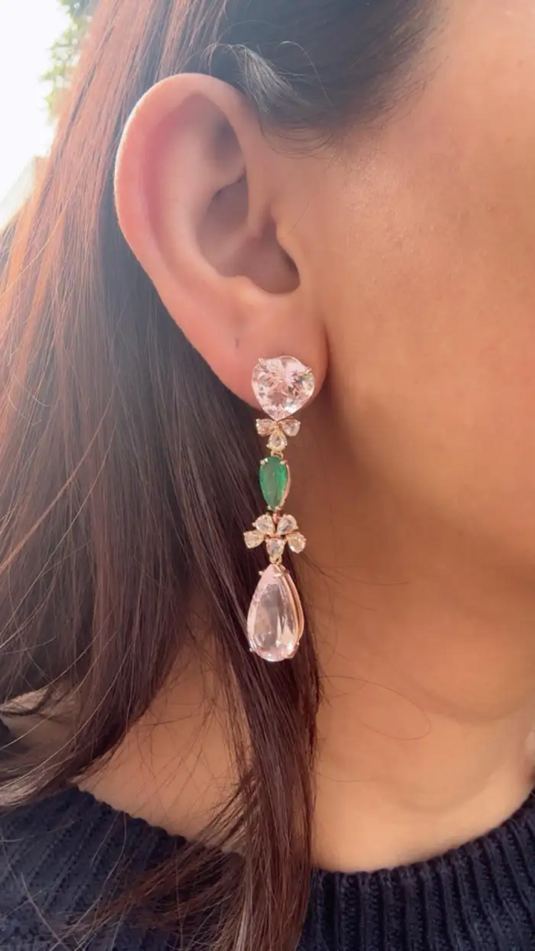18k Rose Gold Rose Cut Diamond Dangle Earrings - Natural Zambian Emerald & Morganite Earrings