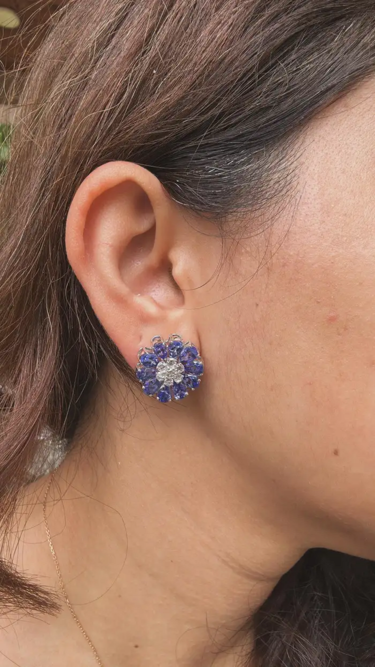 18k White Gold Diamond Stud Earrings - Natural Tanzanite & Rose Cut Diamonds Earrings