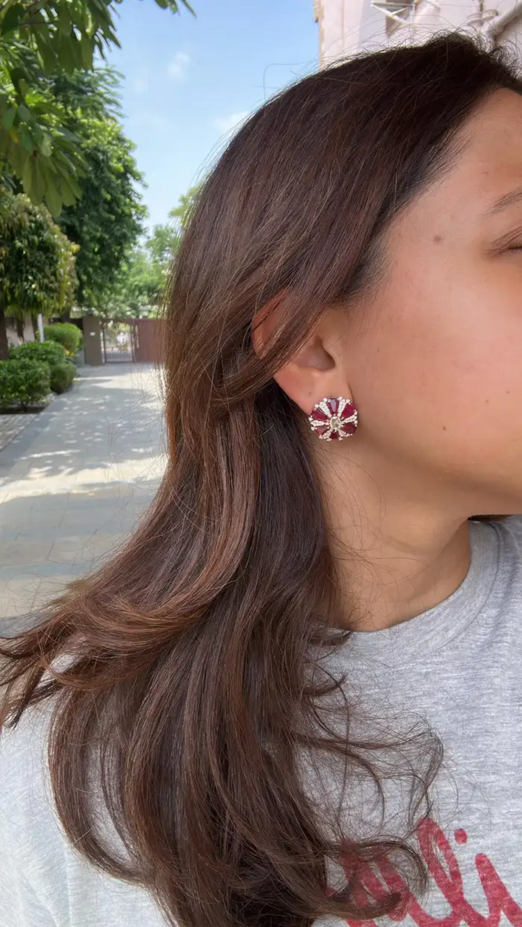 18k Rose Gold Diamond Stud Earrings - Natural Ruby & Rose Cut Diamond Earrings