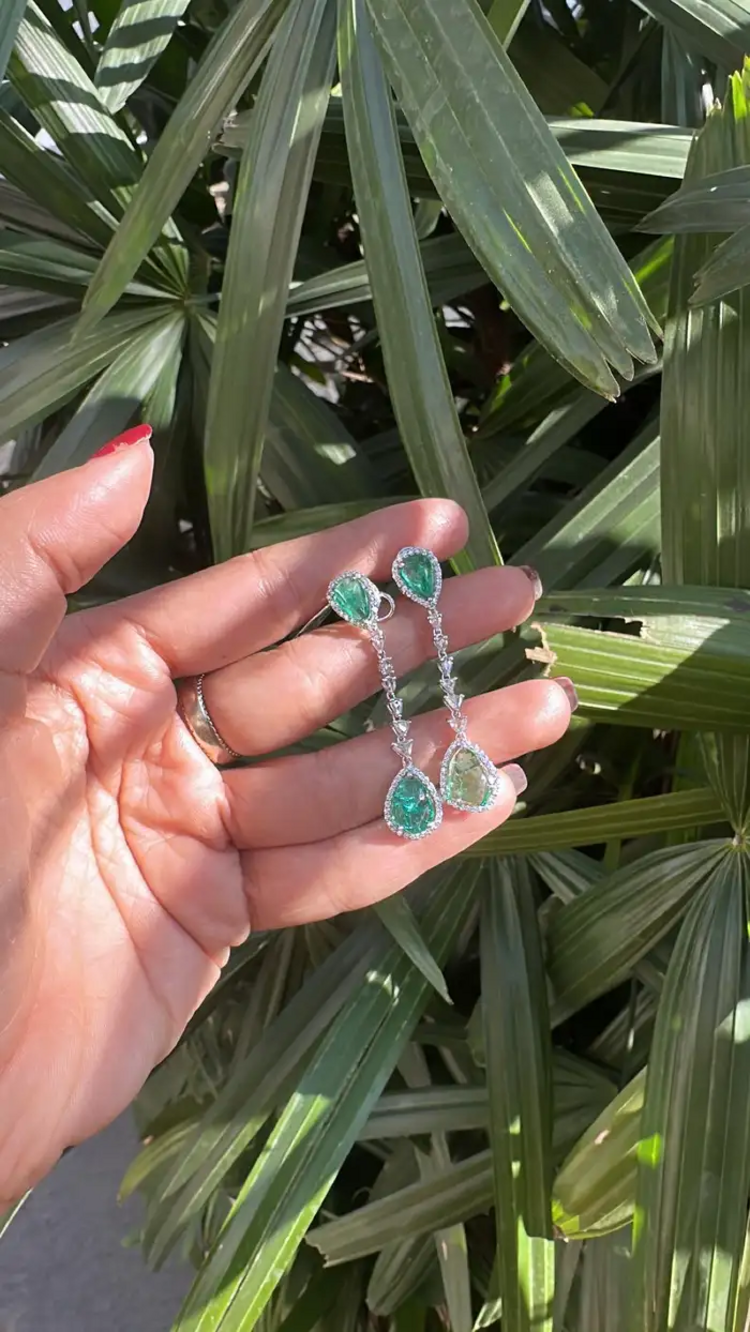 Natural Zambian Emerald & Rose Cut Diamond Dangle Earrings - 18k White Gold Handmade Drop Dangle Earrings
