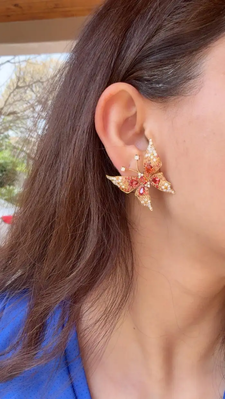18k Yellow Gold Diamond Butterfly Stud Earrings - Natural Orange & Yellow Sapphire Earrings