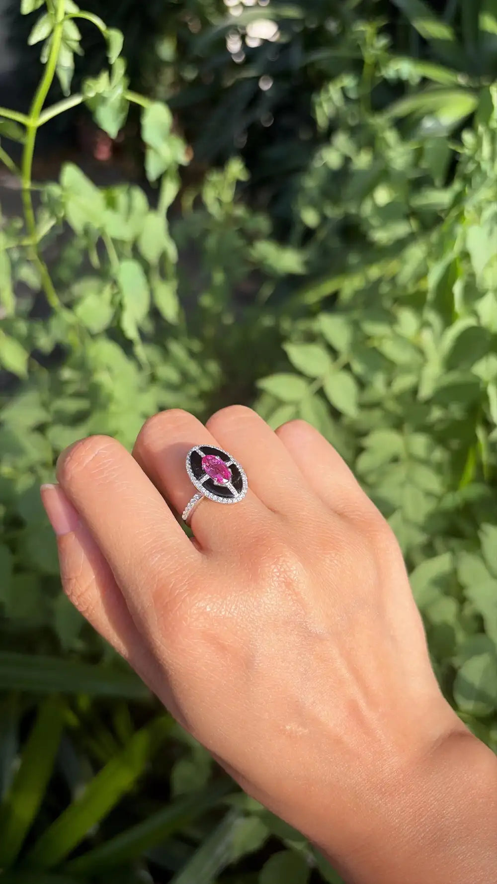 Natural Mozambique Ruby & Black Onyx Ring - 18k White Gold Diamond Ring