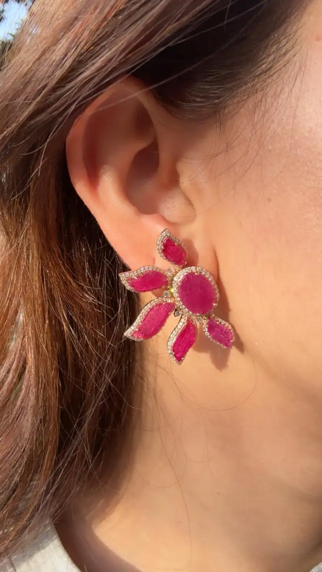 18k Rose Gold Diamond Earrings - Natural Mozambique Ruby Handmade Stud Earrings Main Image
