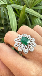 Solid 18k White Gold Diamond Floral Wedding Ring - Natural Zambian Emerald Statement Ring