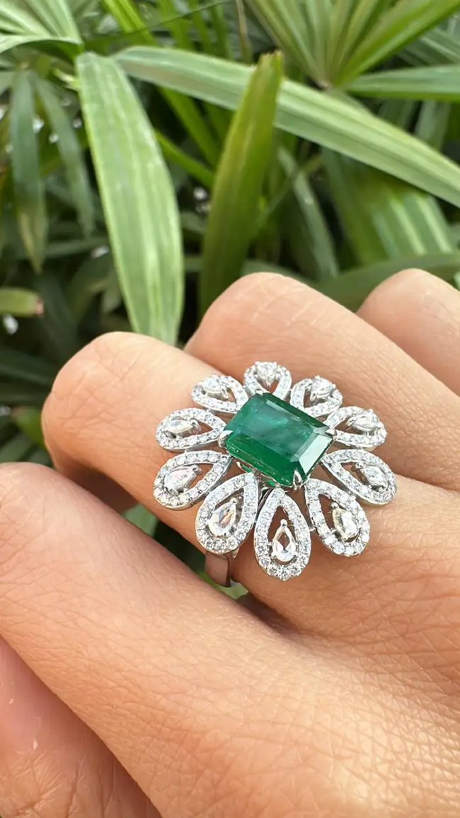 Solid 18k White Gold Diamond Floral Wedding Ring - Natural Zambian Emerald Statement Ring Main Image