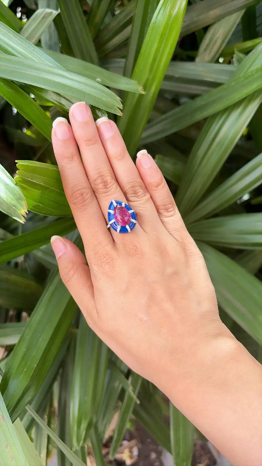 Natural Rubellite & Blue Enamel Ring - 18k White Gold Diamond Handmade Dome Ring
