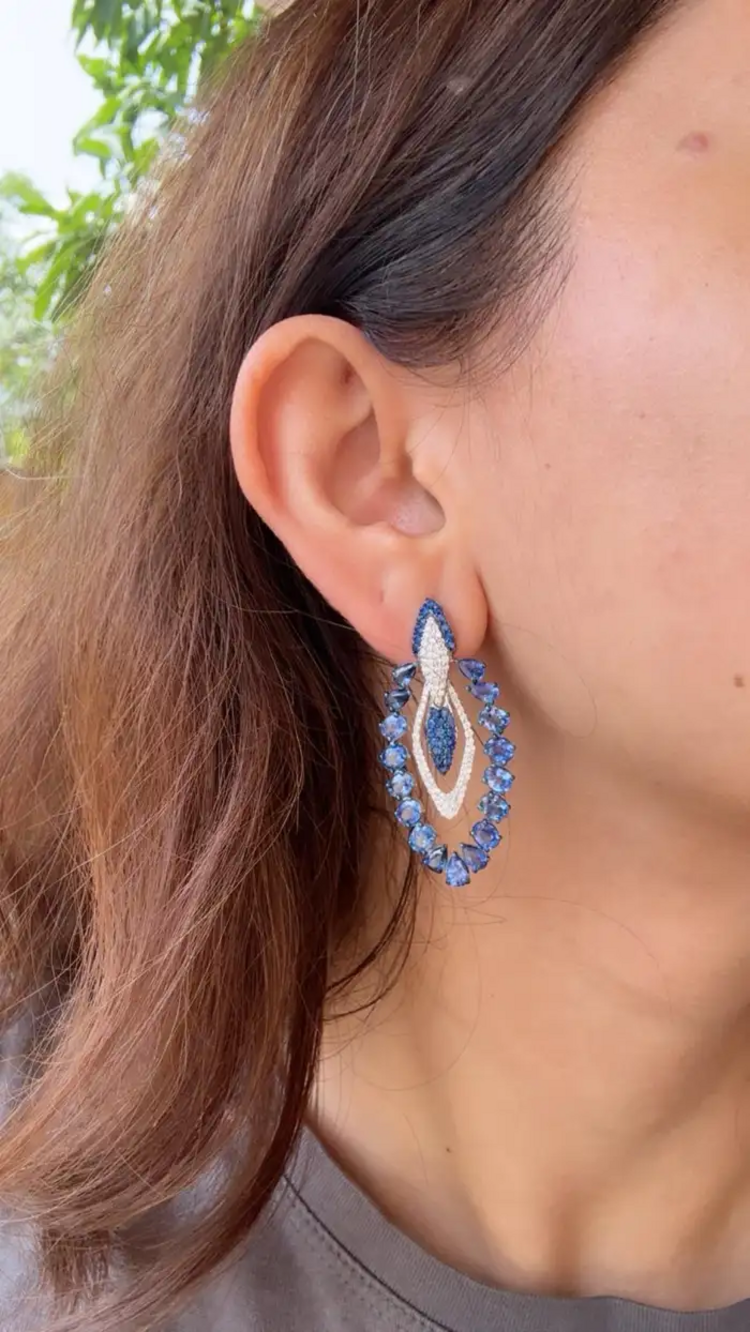18k White Gold Diamond Earrings - Natural Blue Sapphire Dangle Earrings