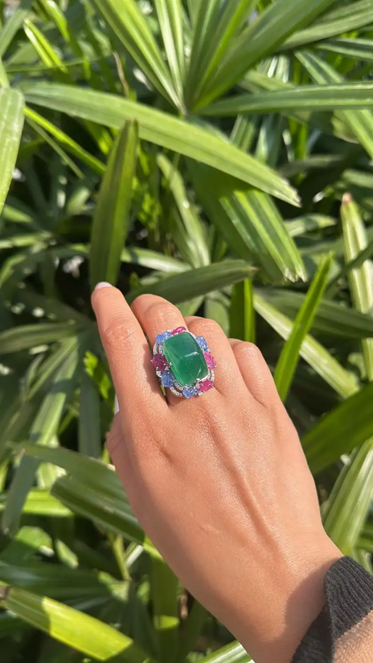 Natural Sugarloaf Emerald & Diamond Ring - 18k White Gold Cocktail Ring - Carved Blue Sapphire & Ruby Wedding Ring