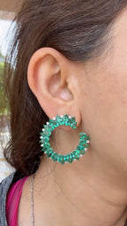 Natural Zambian Emerald Gemstone Hoop Earrings - 18k White Gold Diamond Handmade Hoop Earrings