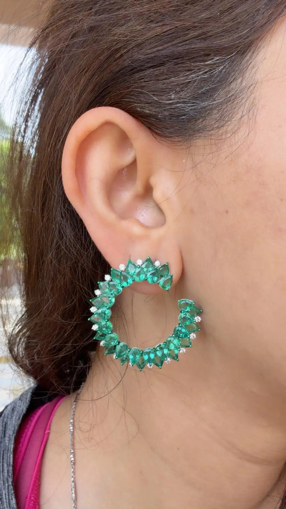 Natural Zambian Emerald Gemstone Hoop Earrings - 18k White Gold Diamond Handmade Hoop Earrings