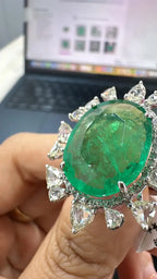 18k White Gold Rose Cut Diamond Ring - Natural Emerald Statement Ring