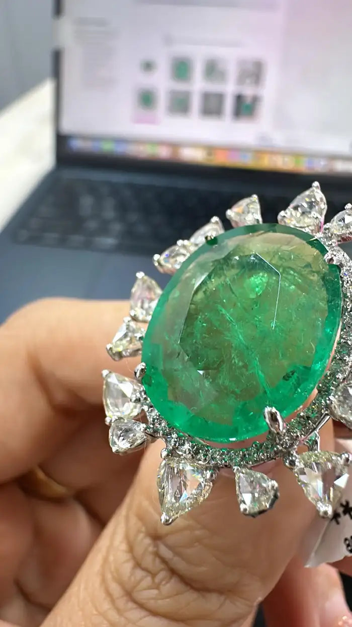 18k White Gold Rose Cut Diamond Ring - Natural Emerald Statement Ring