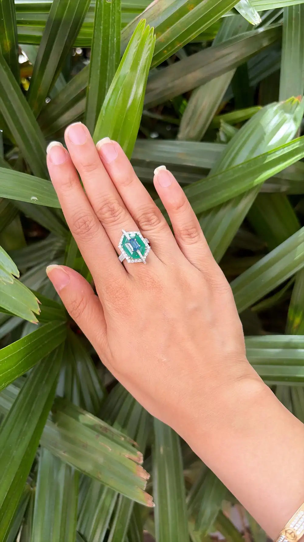 18k White Gold Diamond Cocktail Ring - Natural Zambian Emerald & Blue Sapphire Ring