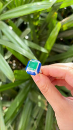 18k White Gold Diamond Handmade Ring - Natural Zambian Emerald & Blue Enamel Cocktail Ring