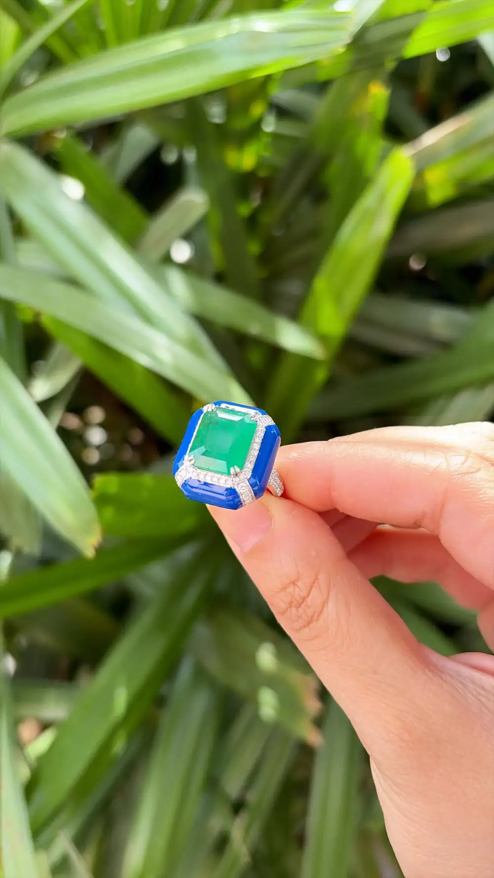18k White Gold Diamond Handmade Ring - Natural Zambian Emerald & Blue Enamel Cocktail Ring
