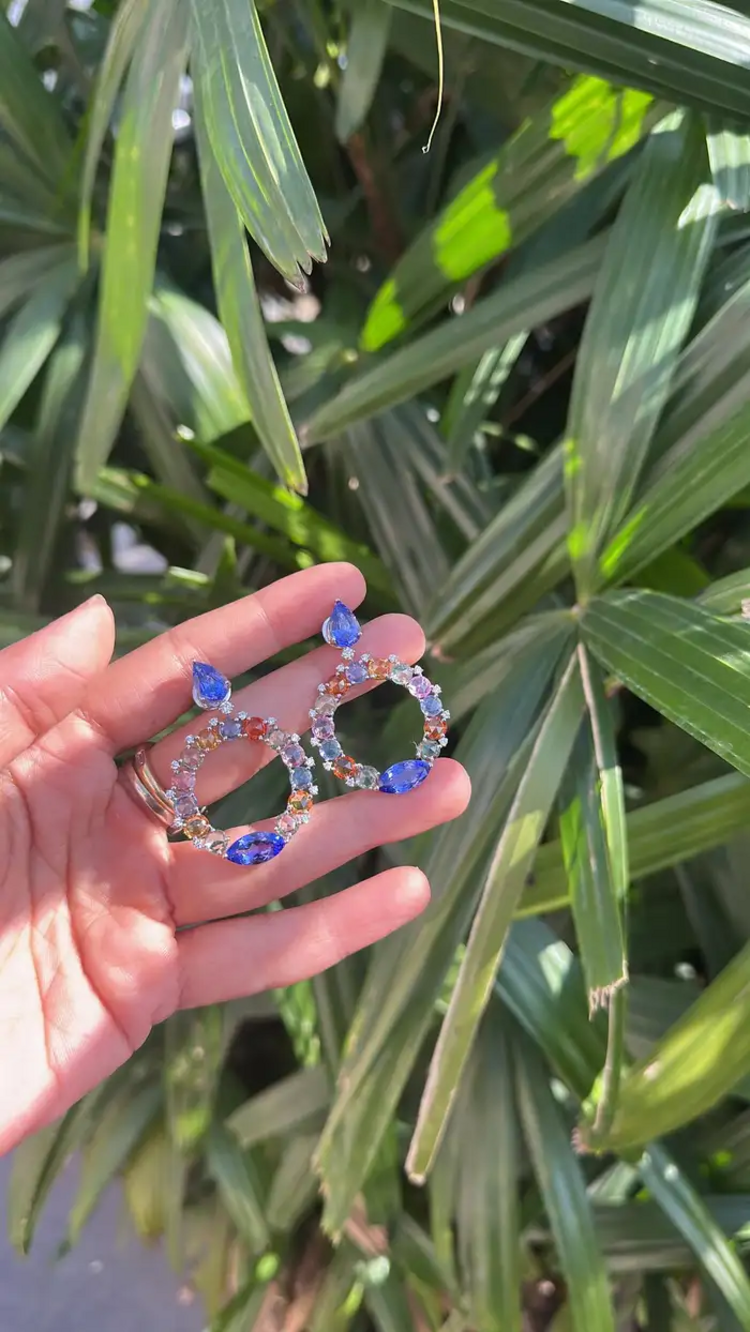 18k White Gold Diamond Dangle Earrings - Natural Tanzanite & Multi Sapphire Earrings