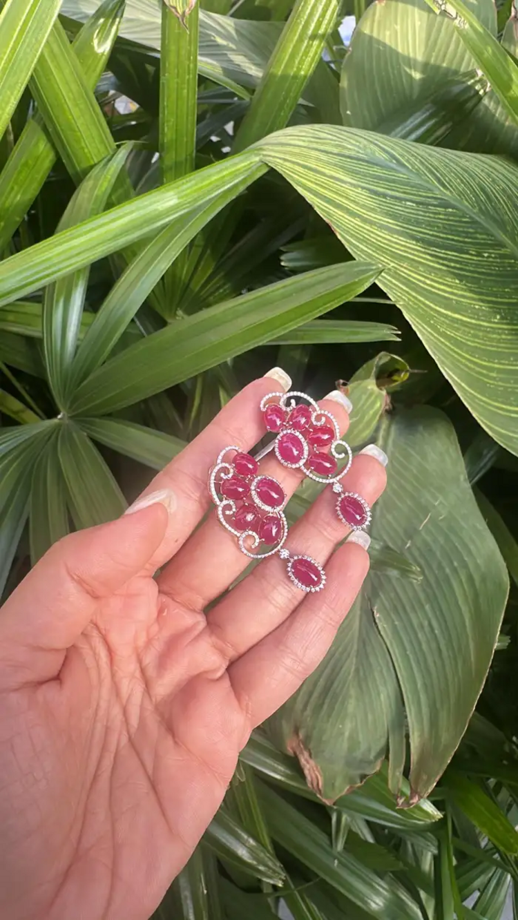 Natural Ruby Diamond Earrings - 18k Rose Gold Dangle Handmade Earrings