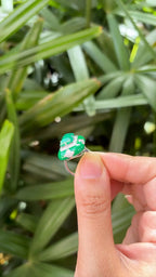 Natural Emerald Gemstone & Green Enamel Cocktail Ring - 18k White Gold Diamond Ring