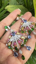 18k White Gold Diamond Chandelier Earring - Natural Multi Sapphire Dangle Earrings