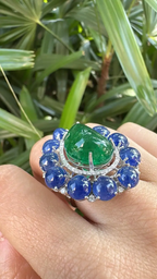 Natural Zambian Emerald & Blue Sapphire Cocktail Ring - 18k White Gold Diamond Ring