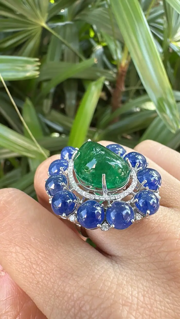 Natural Zambian Emerald & Blue Sapphire Cocktail Ring - 18k White Gold Diamond Ring
