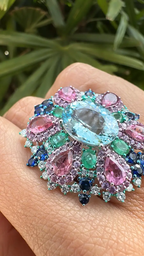 Natural Aquamarine, Sapphires & Emerald Statement Ring - 18k White Gold Diamond Wedding Ring