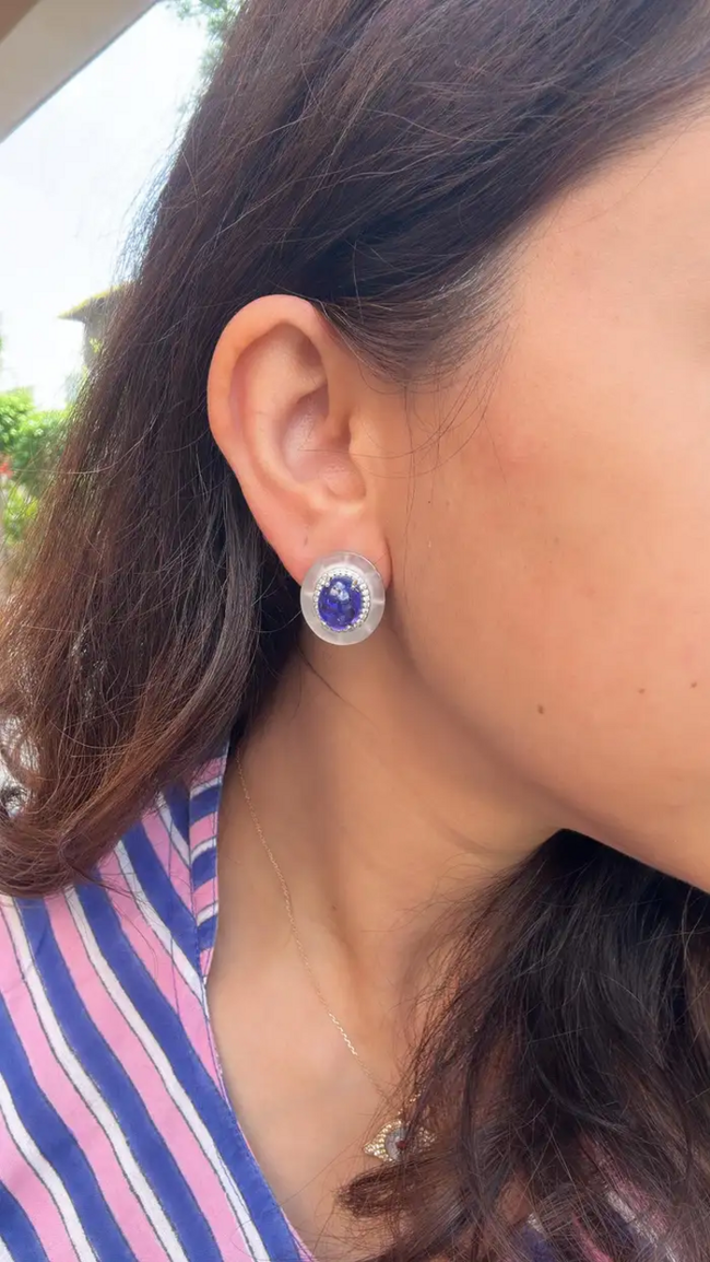 Set in 18K Gold, Tanzanite Cabochon, Rock Crystal & Diamonds Stud Earrings Main Image