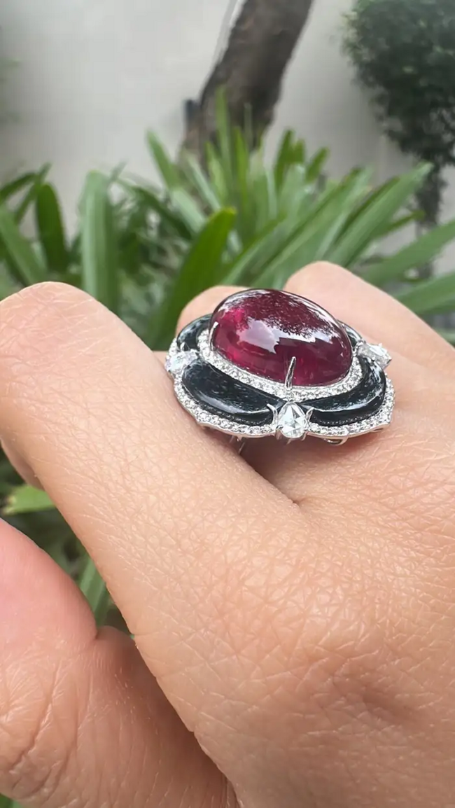 Natural Tourmaline & Black Onyx Cocktail Ring - 18k White Gold Diamond Handmade Ring Main Image