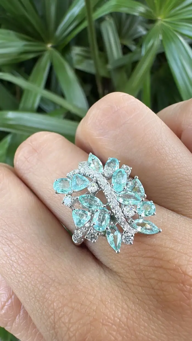Natural Paraiba Tourmaline & Diamond Wedding Ring - 18k White Gold Engagement Ring Main Image