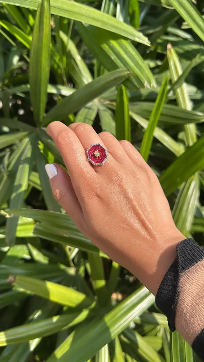 Natural Ruby & Yellow Diamond Ring - 18k White Gold Diamond Stackable Wedding Ring Main Image