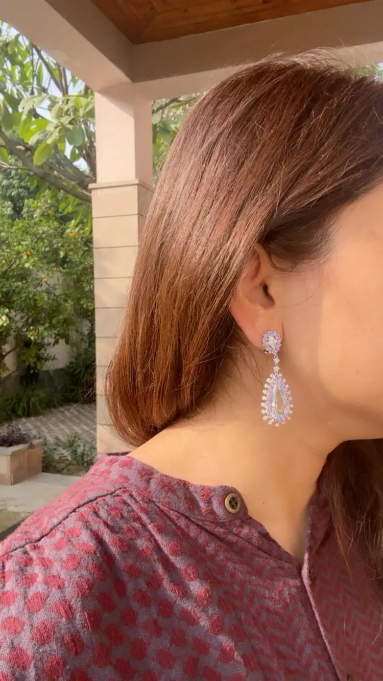 Natural Aquamarine & Purple Sapphire Dangle Earrings - 18K White Gold Diamond Drop Dangle Earrings
