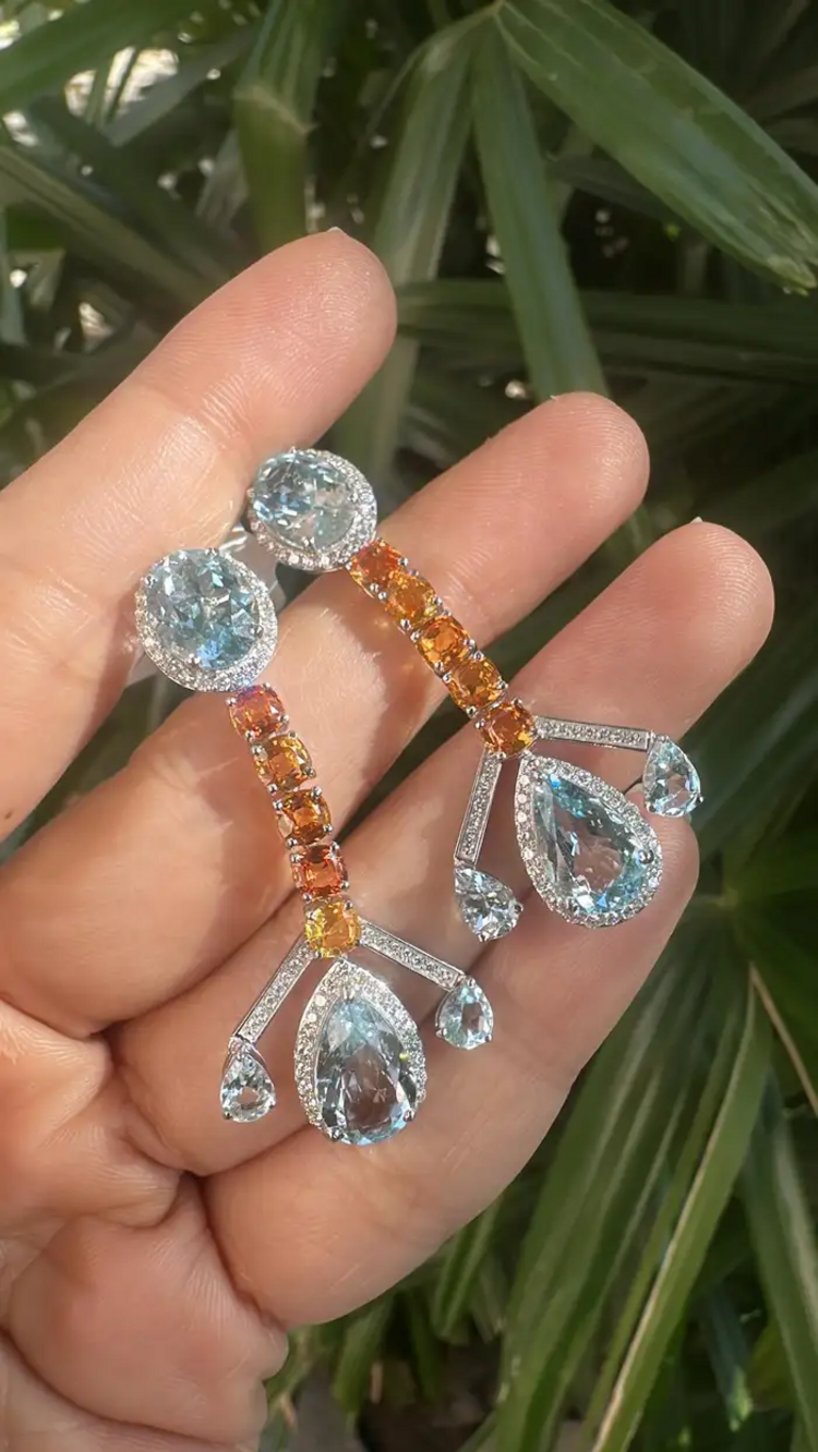 18k White Gold Diamond Handmade Earrings - Natural Aquamarine & Yellow Sapphire Dangle Earrings