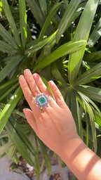 Natural Zambian Emerald & Blue Sapphire Cocktail Ring - 18k White Gold Yellow Diamond Ring