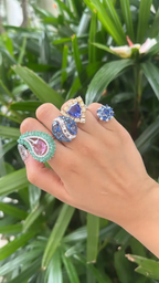 Natural Blue Sapphire Statement Ring - 18k White Gold & Rose Cut Diamond Cocktail Ring