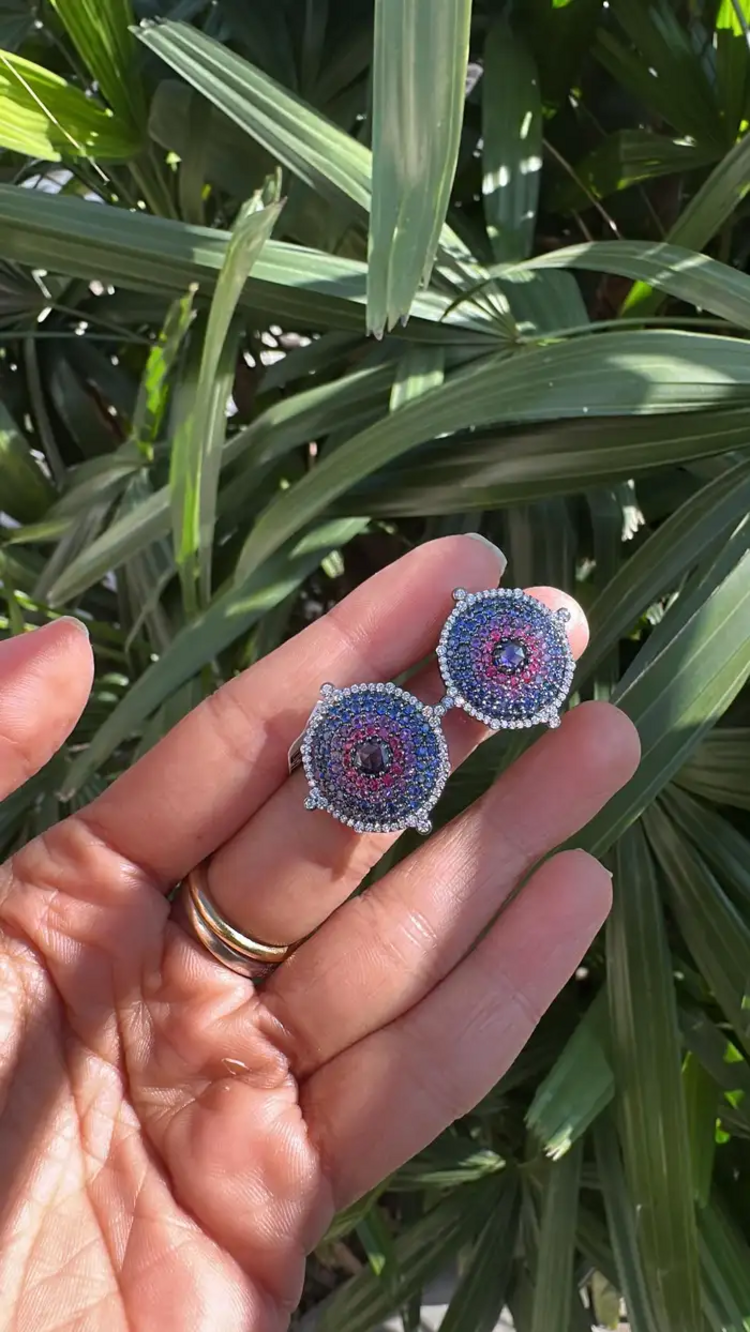 18k Gold Diamond Stud Earrings - Natural Ruby, Amethyst & Blue Sapphire Stud Earrings
