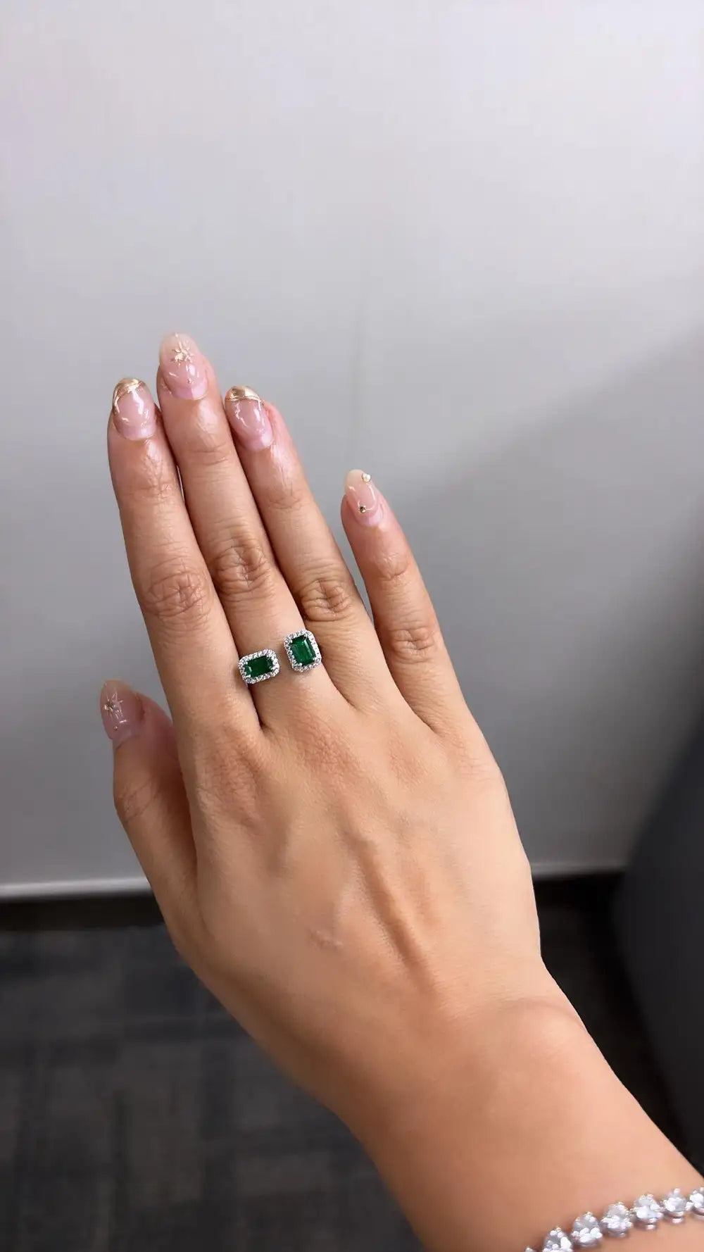 Natural Zambian Emerald Cuff Ring - 18k White Gold Diamond Minimalist Ring