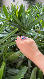 Natural Rubellite & Blue Enamel Ring - 18k White Gold Diamond Handmade Dome Ring