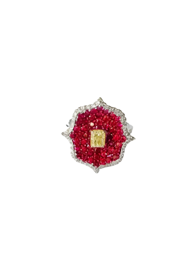Natural Ruby & Yellow Diamond Ring - 18k White Gold Diamond Stackable Wedding Ring Hover Image