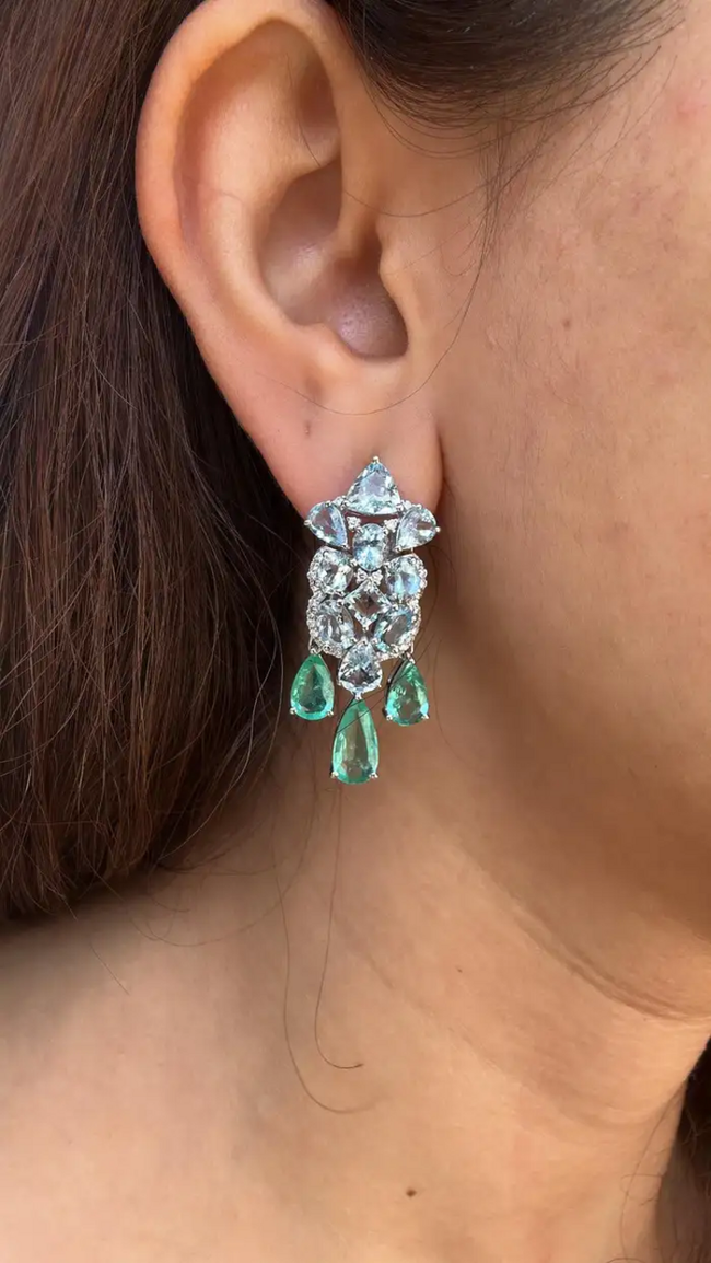 Natural Aquamarine & Colombian Emerald Dangle Earrings - 18k White Gold Diamond Wedding Earrings Main Image