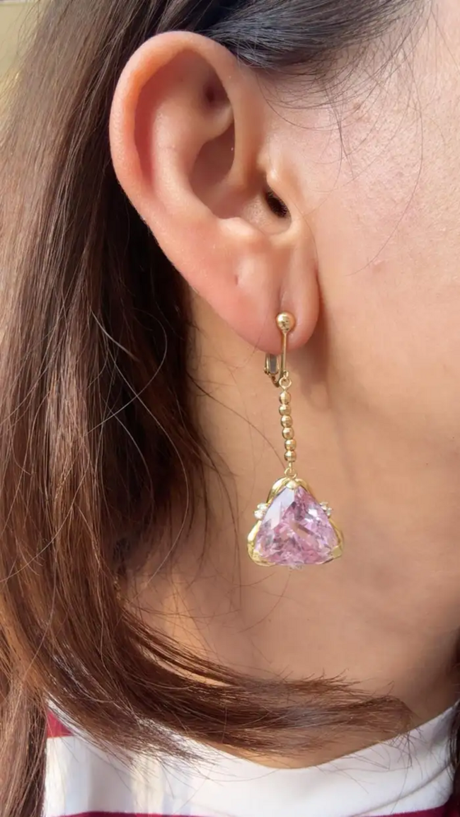 Natural Kunzite & Diamond Dangle Earrings - 18k Yellow Gold Dangle Earrings Main Image