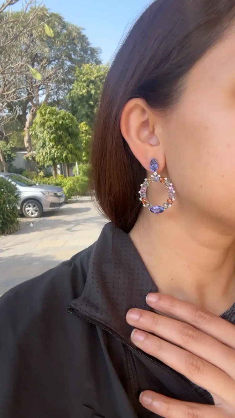 18k White Gold Diamond Dangle Earrings - Natural Tanzanite & Multi Sapphire Earrings