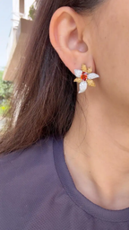 Orange & Yellow Sapphire Gemstone Stud Earrings - 18k White Gold Diamond Floral Stud Earrings