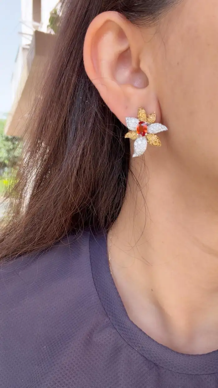 Orange & Yellow Sapphire Gemstone Stud Earrings - 18k White Gold Diamond Floral Stud Earrings