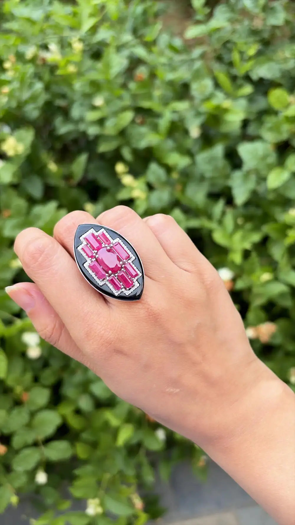 Natural Mozambique Ruby & Black Onyx Gemstone Ring - 18k White Gold Diamond Cocktail Ring