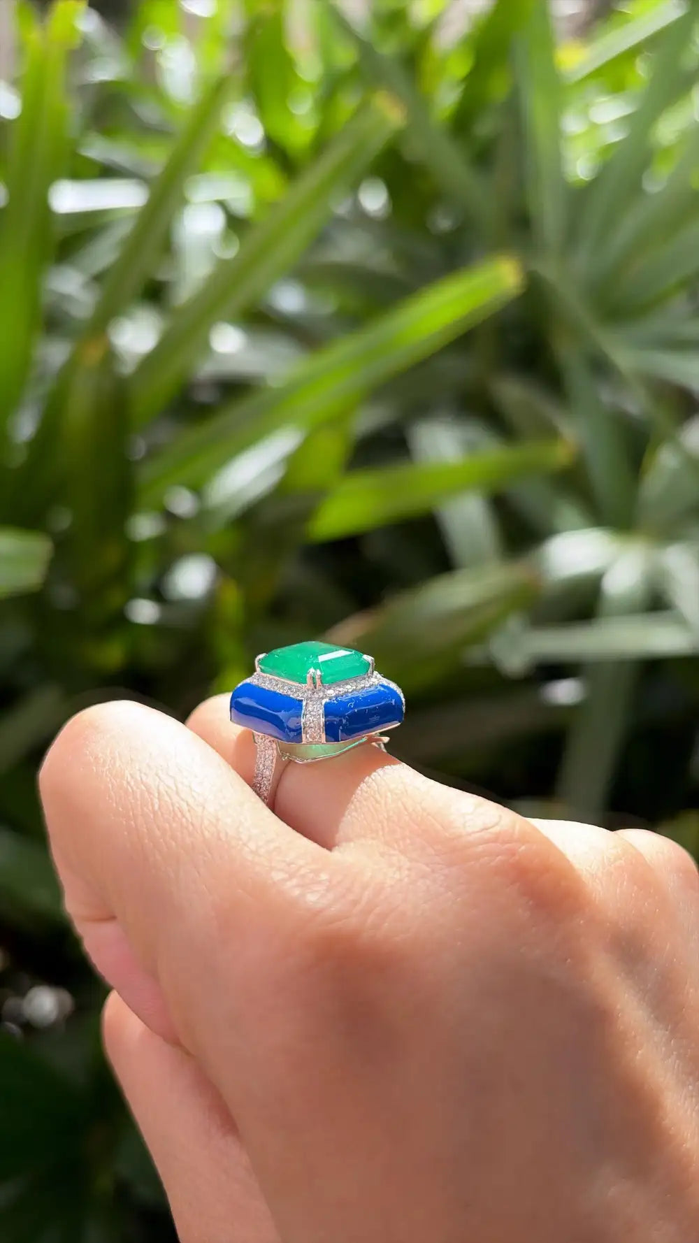 18k White Gold Diamond Handmade Ring - Natural Zambian Emerald & Blue Enamel Cocktail Ring