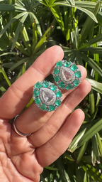 Colombian Emerald Sugarloaf & Rose Cut Diamond Stud Earrings - 18k White Gold Handmade Tiny Earrings