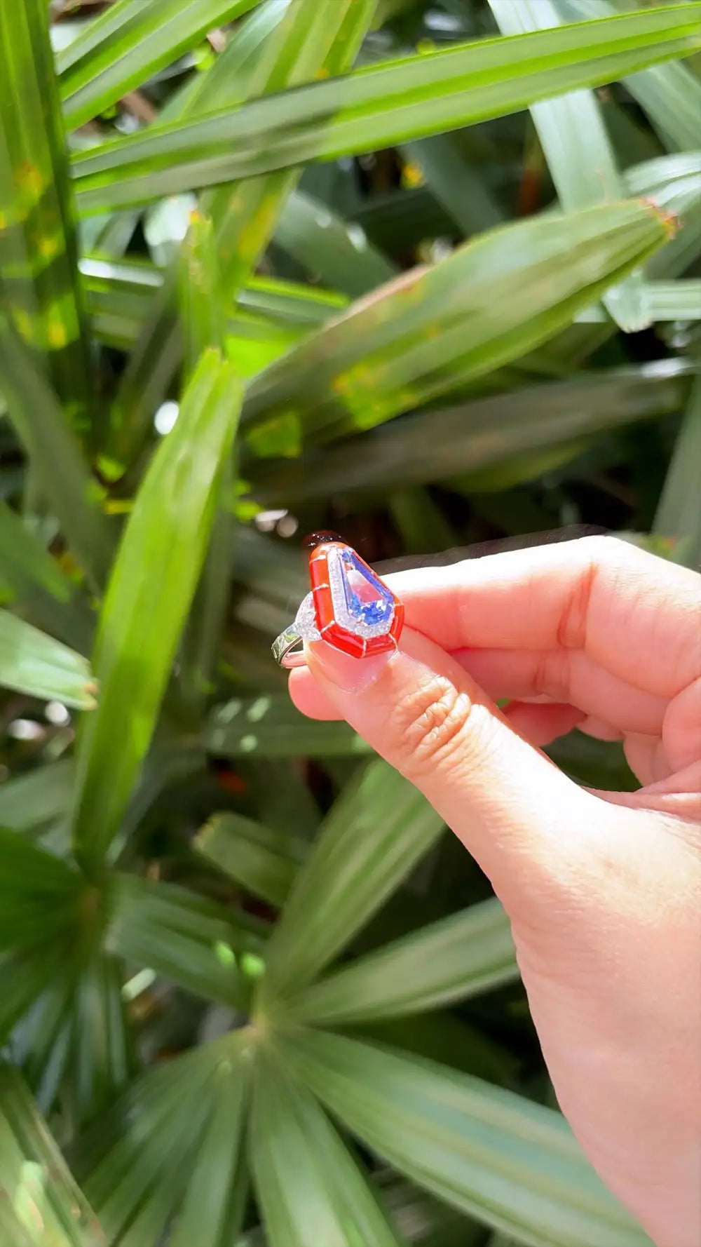 18k White Gold Diamond Ring - Natural Tanzanite & Orange Enamel Cocktail Ring