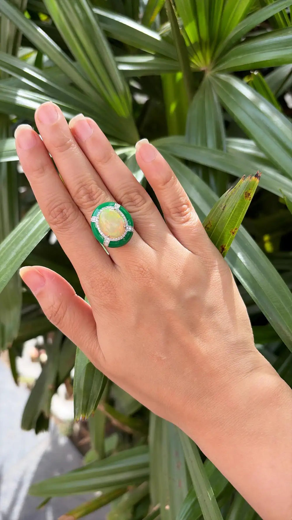 Natural Ethiopian Opal & Green Enamel Cocktail Ring - 18k White Gold Diamond Ring