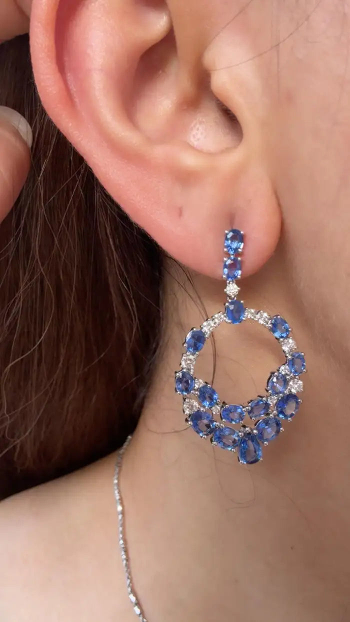18k White Gold Diamond Handmade Earrings - Natural Blue Sapphire Dangle Earrings