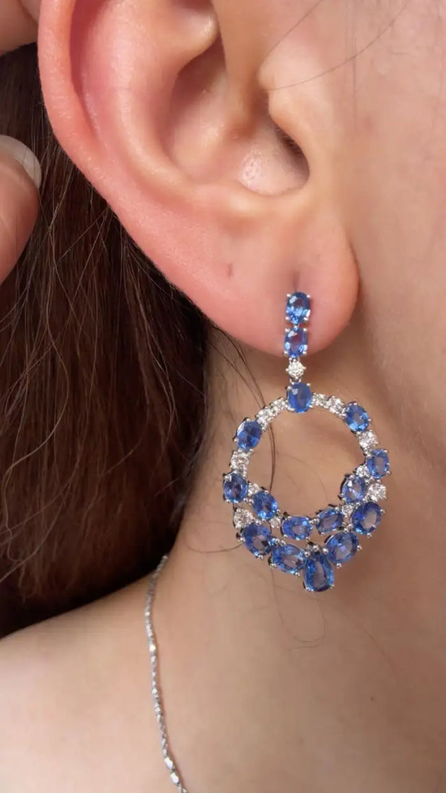 18k White Gold Diamond Handmade Earrings - Natural Blue Sapphire Dangle Earrings Main Image